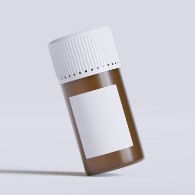 Boş etiketli ilaç şişesi, beyaz arka planda izole edilmiş. Kapalı ilaç şişesi beyaz arka planda izole edilmiş 3D illüstrasyon