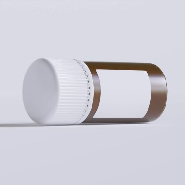 Boş etiketli ilaç şişesi, beyaz arka planda izole edilmiş. Kapalı ilaç şişesi beyaz arka planda izole edilmiş 3D illüstrasyon