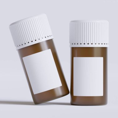 Boş etiketli ilaç şişesi, beyaz arka planda izole edilmiş. Kapalı ilaç şişesi beyaz arka planda izole edilmiş 3D illüstrasyon