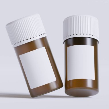 Boş etiketli ilaç şişesi, beyaz arka planda izole edilmiş. Kapalı ilaç şişesi beyaz arka planda izole edilmiş 3D illüstrasyon