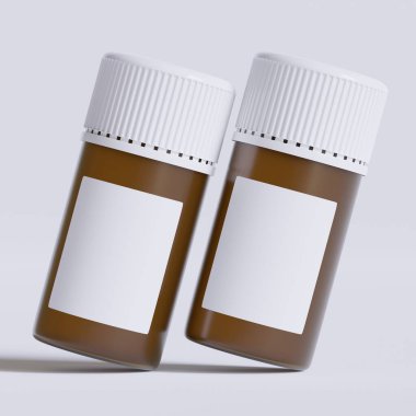 Boş etiketli ilaç şişesi, beyaz arka planda izole edilmiş. Kapalı ilaç şişesi beyaz arka planda izole edilmiş 3D illüstrasyon