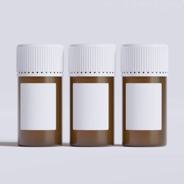 Boş etiketli ilaç şişesi, beyaz arka planda izole edilmiş. Kapalı ilaç şişesi beyaz arka planda izole edilmiş 3D illüstrasyon