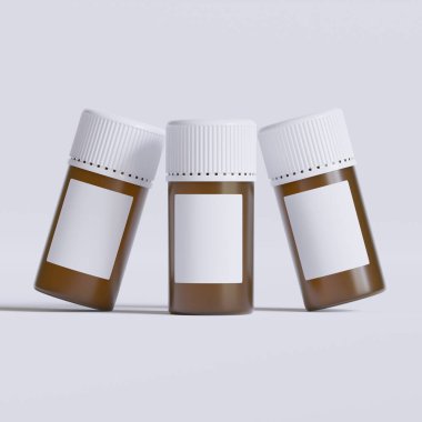 Boş etiketli ilaç şişesi, beyaz arka planda izole edilmiş. Kapalı ilaç şişesi beyaz arka planda izole edilmiş 3D illüstrasyon