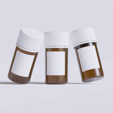 Boş etiketli ilaç şişesi, beyaz arka planda izole edilmiş. Kapalı ilaç şişesi beyaz arka planda izole edilmiş 3D illüstrasyon