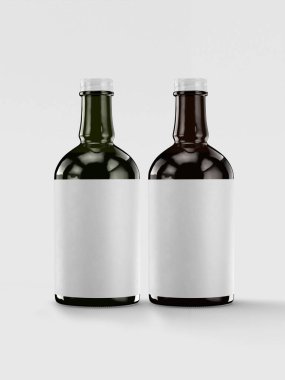 Boş etiketli bira şişesi modeli beyaz renk ve gerçekçi renkte. Beyaz arkaplanda izole edilmiş bira şişesi 3 boyutlu resimleme