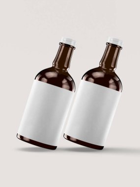 Boş etiketli bira şişesi modeli beyaz renk ve gerçekçi renkte. Beyaz arkaplanda izole edilmiş bira şişesi 3 boyutlu resimleme