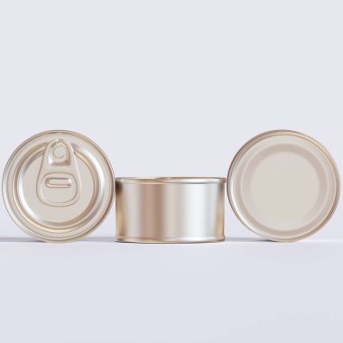  Boş ve beyaz arkaplanlı bir teneke yemek seti, 3 boyutlu görüntüleme