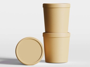 Yuvarlak kağıt yiyecek ambalaj kutusu, kağıt yemek kabı, 3 boyutlu çizim, 3 boyutlu illüstrasyon