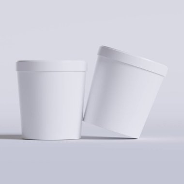 Dondurma kovaları. Gerçekçi, boş, beyaz, dondurmalı, kağıttan yiyecek kabı. Model koleksiyonu için 3B resimleme boş