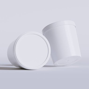 Dondurma kovaları. Gerçekçi, boş, beyaz, dondurmalı, kağıttan yiyecek kabı. Model koleksiyonu için 3B resimleme boş