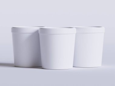 Dondurma kovaları. Gerçekçi, boş, beyaz, dondurmalı, kağıttan yiyecek kabı. Model koleksiyonu için 3B resimleme boş