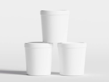 Dondurma kovaları. Gerçekçi, boş, beyaz, dondurmalı, kağıttan yiyecek kabı. Model koleksiyonu için 3B resimleme boş