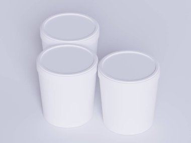 Dondurma kovaları. Gerçekçi, boş, beyaz, dondurmalı, kağıttan yiyecek kabı. Model koleksiyonu için 3B resimleme boş