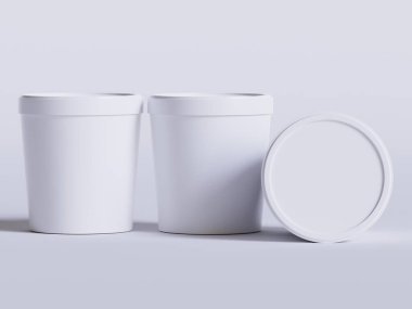 Dondurma kovaları. Gerçekçi, boş, beyaz, dondurmalı, kağıttan yiyecek kabı. Model koleksiyonu için 3B resimleme boş