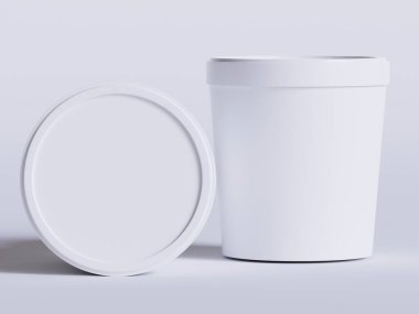 Dondurma kovaları. Gerçekçi, boş, beyaz, dondurmalı, kağıttan yiyecek kabı. Model koleksiyonu için 3B resimleme boş