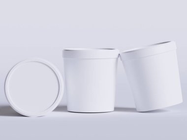 Dondurma kovaları. Gerçekçi, boş, beyaz, dondurmalı, kağıttan yiyecek kabı. Model koleksiyonu için 3B resimleme boş