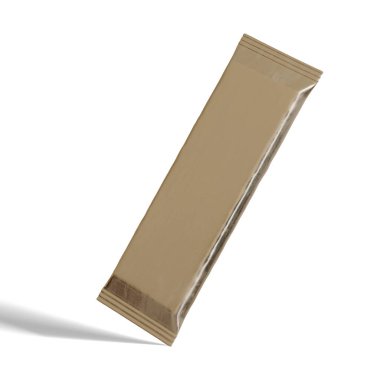 Beyaz arkaplanda abur cubur çubuğu ambalajı, gerçekçi doku, folyo alüminyum