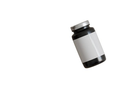 Kehribar siyah şeffaf şişe hap paketleme için. İzole edilmiş beyaz arkaplan