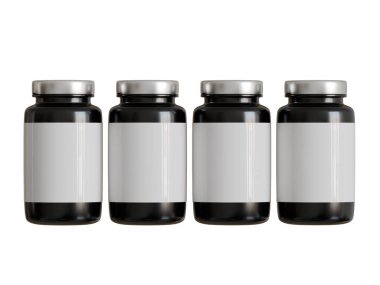 Kehribar siyah şeffaf şişe hap paketleme için. İzole edilmiş beyaz arkaplan