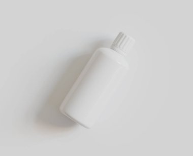 Parlak Arkaplanda Beyaz Boş İlaç Şişesi ya da Güzellik Ürünleri, Uzayı Kopyala. Boşluk. Minimalizm. 3d oluşturma