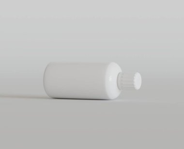 Parlak Arkaplanda Beyaz Boş İlaç Şişesi ya da Güzellik Ürünleri, Uzayı Kopyala. Boşluk. Minimalizm. 3d oluşturma