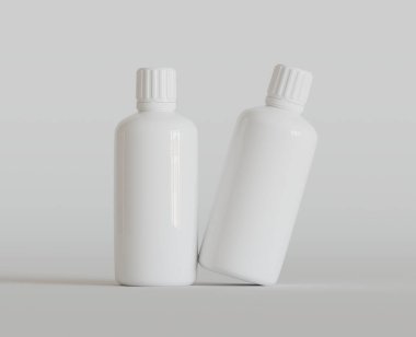 Parlak Arkaplanda Beyaz Boş İlaç Şişesi ya da Güzellik Ürünleri, Uzayı Kopyala. Boşluk. Minimalizm. 3d oluşturma