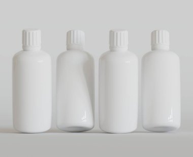 Parlak Arkaplanda Beyaz Boş İlaç Şişesi ya da Güzellik Ürünleri, Uzayı Kopyala. Boşluk. Minimalizm. 3d oluşturma