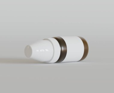 Kehribar cam damlatıcı şişesi gri arka planda, 3 boyutlu. 3B Görüntü