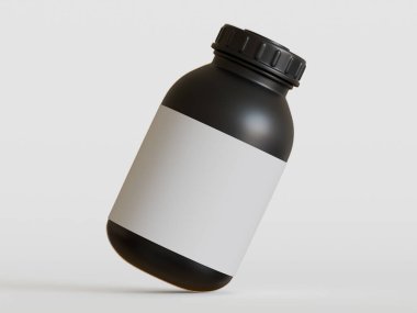 Beyaz arka planda boş etiketli siyah plastik şişe, üç boyutlu görüntüleme.