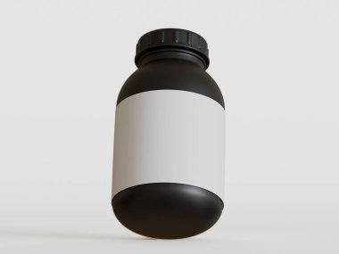 Beyaz arka planda boş etiketli siyah plastik şişe, üç boyutlu görüntüleme.