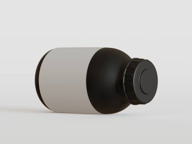 Beyaz arka planda boş etiketli siyah plastik şişe, üç boyutlu görüntüleme.