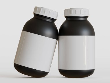 Beyaz arka planda boş etiketli siyah plastik şişe, üç boyutlu görüntüleme.