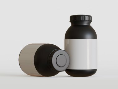 Beyaz arka planda boş etiketli siyah plastik şişe, üç boyutlu görüntüleme.