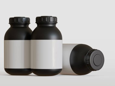 Beyaz arka planda boş etiketli siyah plastik şişe, üç boyutlu görüntüleme.