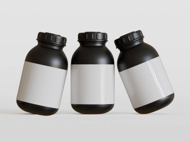 Beyaz arka planda boş etiketli siyah plastik şişe, üç boyutlu görüntüleme.