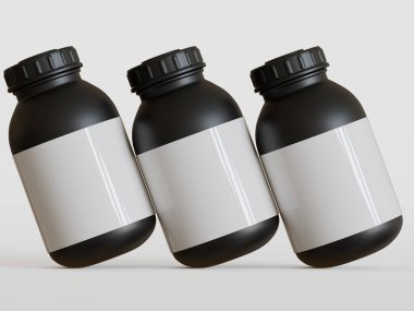 Beyaz arka planda boş etiketli siyah plastik şişe, üç boyutlu görüntüleme.