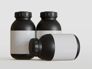 Beyaz arka planda boş etiketli siyah plastik şişe, üç boyutlu görüntüleme.