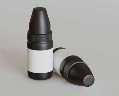 Kehribar damlatan siyah şişe, gri arka planda, üç boyutlu. 3B Görüntü