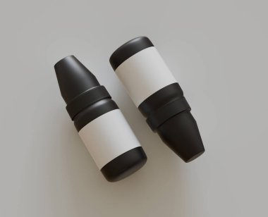 Kehribar damlatan siyah şişe, gri arka planda, üç boyutlu. 3B Görüntü