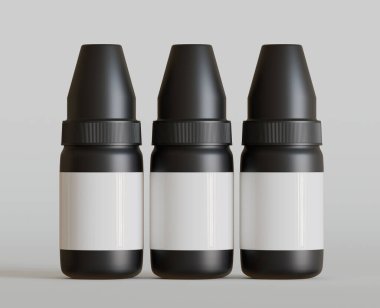 Kehribar damlatan siyah şişe, gri arka planda, üç boyutlu. 3B Görüntü