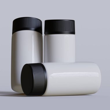 Beyaz plastik hap şişesi. Eczane modeli. 3d resimlendirme
