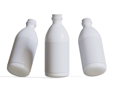 Tıbbi Şişe. Beyaz arka planda beyaz kapaklı ve boş etiketli ilaç şişesi. Model koleksiyonu için