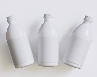 Tıbbi Şişe. Beyaz arka planda beyaz kapaklı ve boş etiketli ilaç şişesi. Model koleksiyonu için