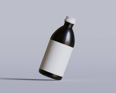 Tıbbi Şişe. Beyaz arka planda beyaz kapaklı ve boş etiketli siyah ilaç şişesi. Model koleksiyonu için