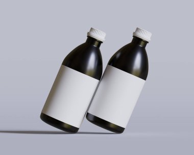 Tıbbi Şişe. Beyaz arka planda beyaz kapaklı ve boş etiketli siyah ilaç şişesi. Model koleksiyonu için