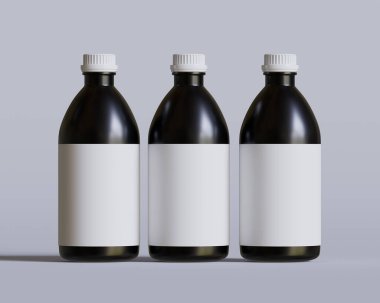 Tıbbi Şişe. Beyaz arka planda beyaz kapaklı ve boş etiketli siyah ilaç şişesi. Model koleksiyonu için