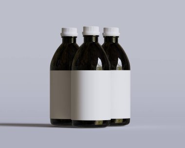 Tıbbi Şişe. Beyaz arka planda beyaz kapaklı ve boş etiketli siyah ilaç şişesi. Model koleksiyonu için