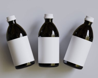 Tıbbi Şişe. Beyaz arka planda beyaz kapaklı ve boş etiketli siyah ilaç şişesi. Model koleksiyonu için