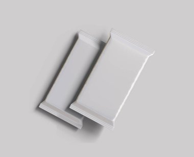 Gri arkaplan resimlemesindeki model koleksiyonu için protein çubuğu ambalajlama beyaz rengi ve folyo deseni gerçekçi gölgesi