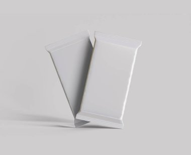 Gri arkaplan resimlemesindeki model koleksiyonu için protein çubuğu ambalajlama beyaz rengi ve folyo deseni gerçekçi gölgesi